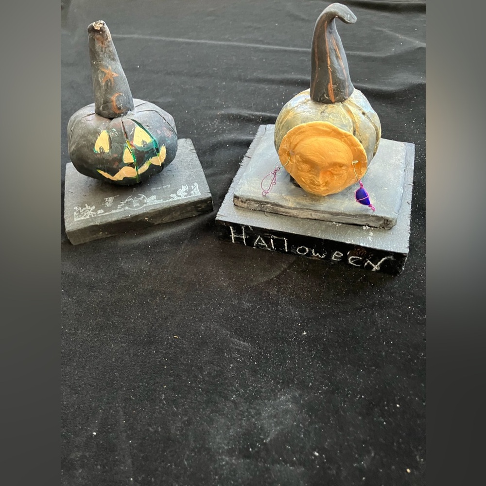 2 Handmade Terracotta Clay pumpkins on Wood Base by Victoria Heisler